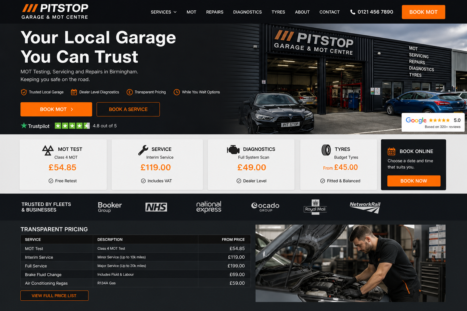 Automotive & garage — MOT booking, service pricing, and fleet trust badges