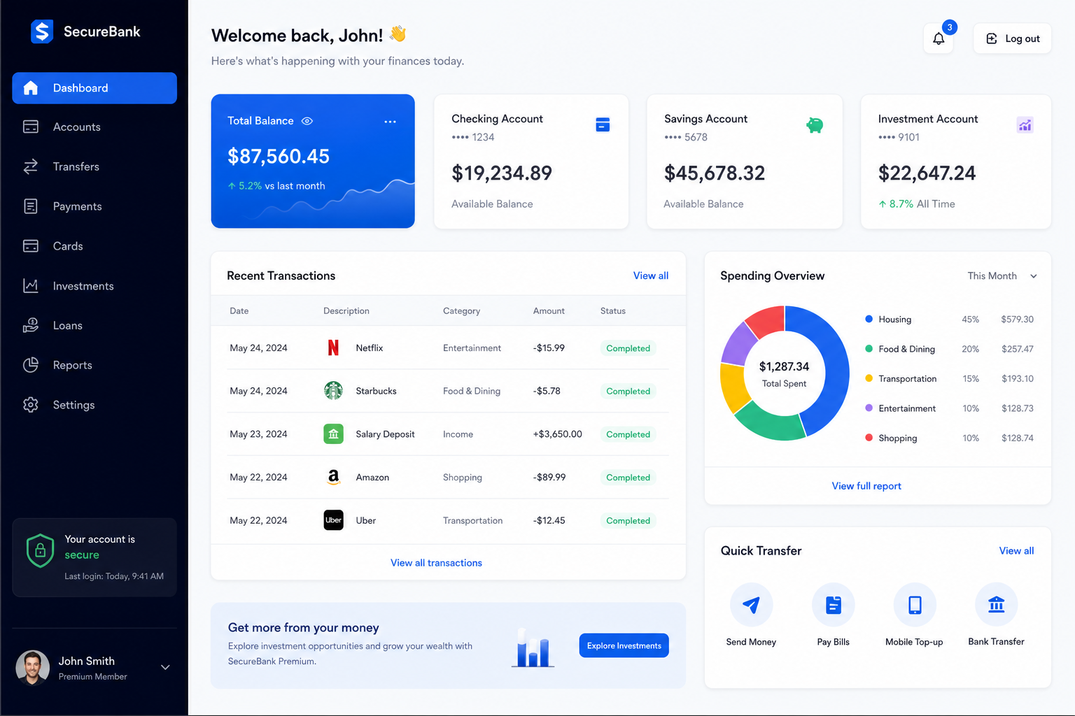 Fintech dashboard — account overview, transaction history, and secure action panels