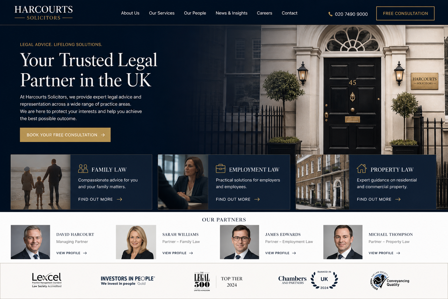 Legal & solicitors — practice areas, partner profiles, and consultation CTAs